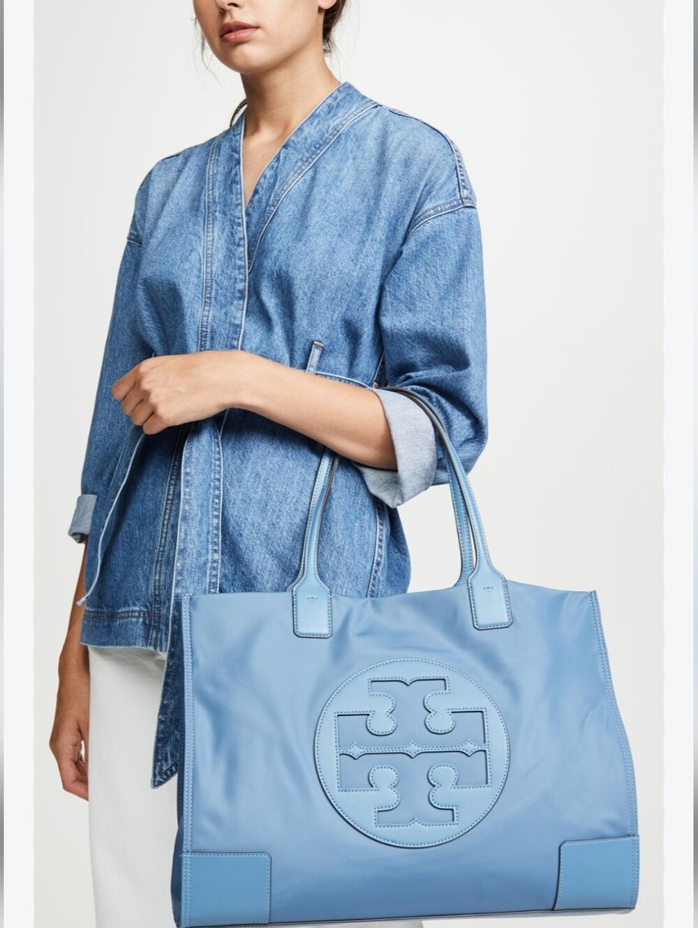 Tory Burch Ella Nylon Slate Blue Logo Tote Bag
